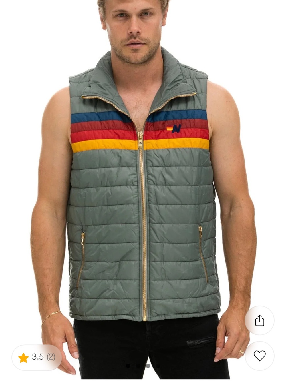 Aviator Nation Grey Quilted Vest with Blue, Red & Yellow Stripes
